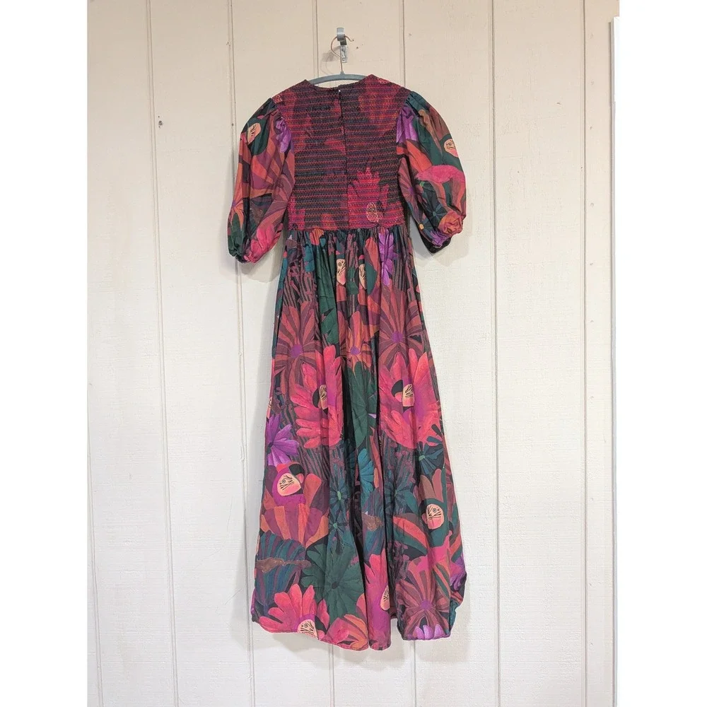 Farm Rio Dark Flowers Smocked Midi Dress Puff Sleeve Floral XS - Picture 3 of 16